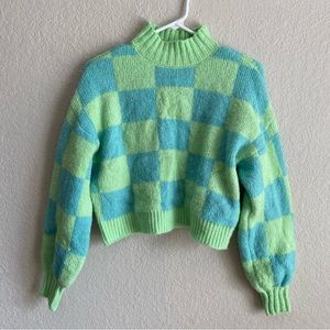 Checkered Knit Cropped Sweater Mock Neck Turtleneck Top